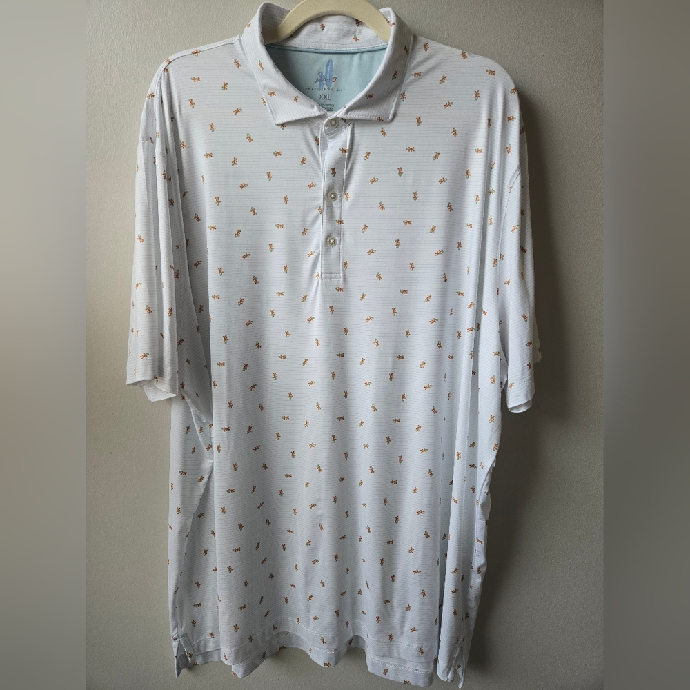 johnnie-O White Polo with Orange Lizard Accent Print
